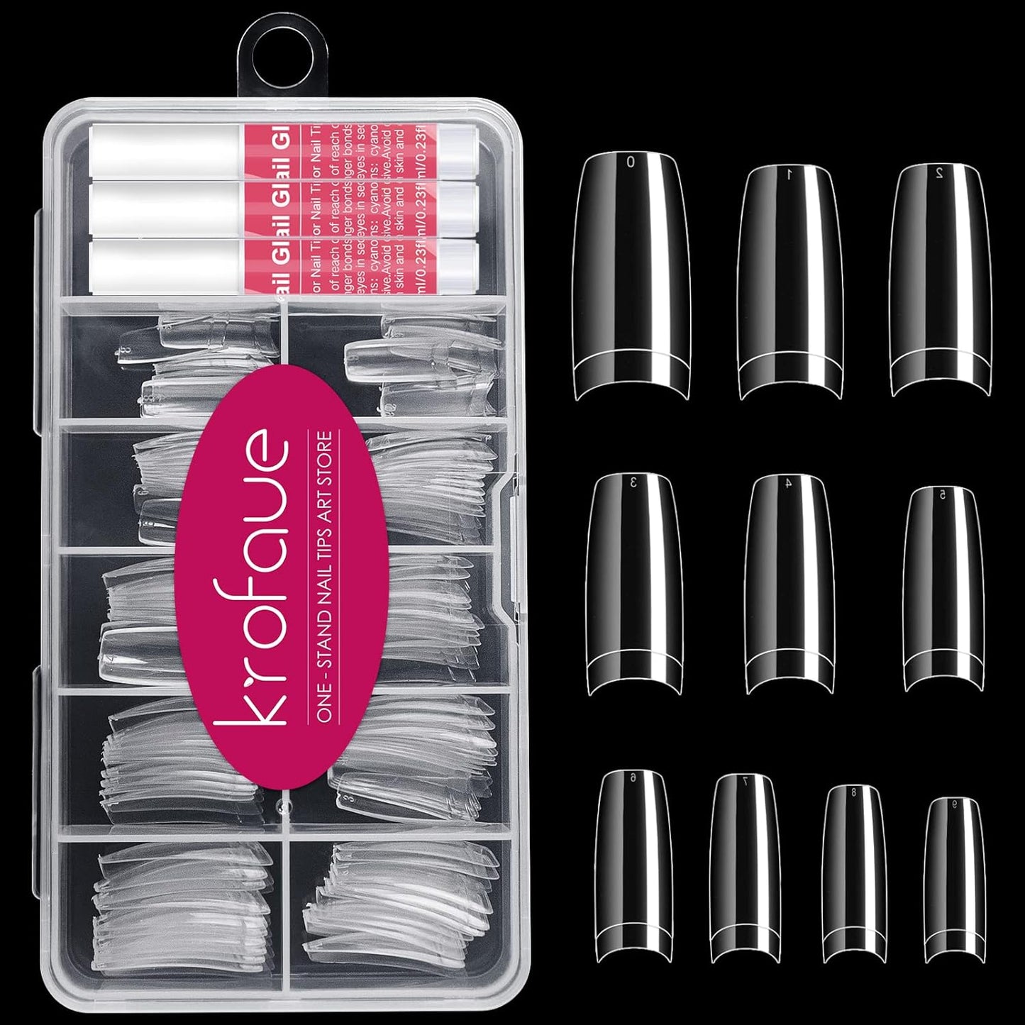 krofaue 100PCS Clear False Nails Tips and Nail Gule Kit, Half Cover Lady French Style Acrylic Artificial Tips 3Pcs Nail Glue for Nail Extension kit Nail Tips Art Salons and Home DIY