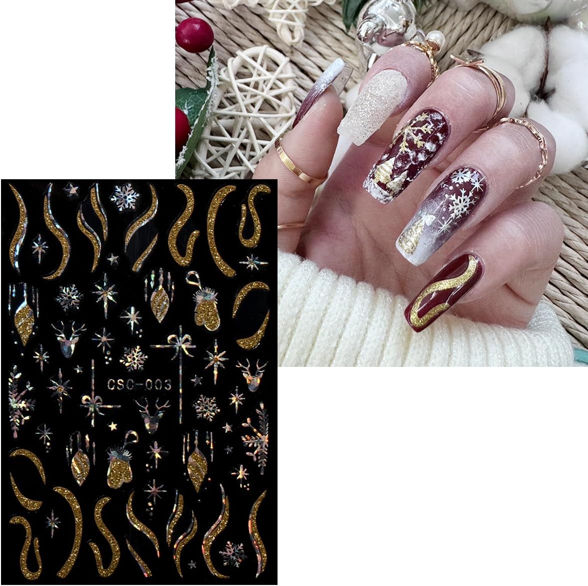 JMEOWIO 8 Sheets Christmas Gold Glitter Silver Nail Art Stickers Decals Self-Adhesive Snowflake Winter Holiday Nail Supplies Nail Art Design Decoration Accessories