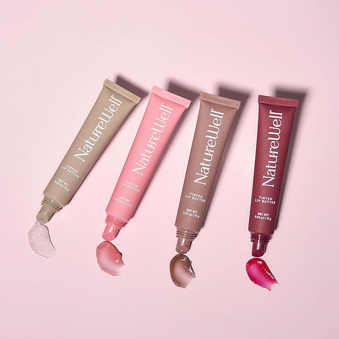 NATURE WELL Tinted Lip Butter Variety Pack, Shear & Subtle Tinted Moisturizing Balms, Vanilla Scented, Lightweight & Non-Greasy, Vitamin E, Shea, & Murumuru Butters, 0.50 Oz Each (Pack of 4)