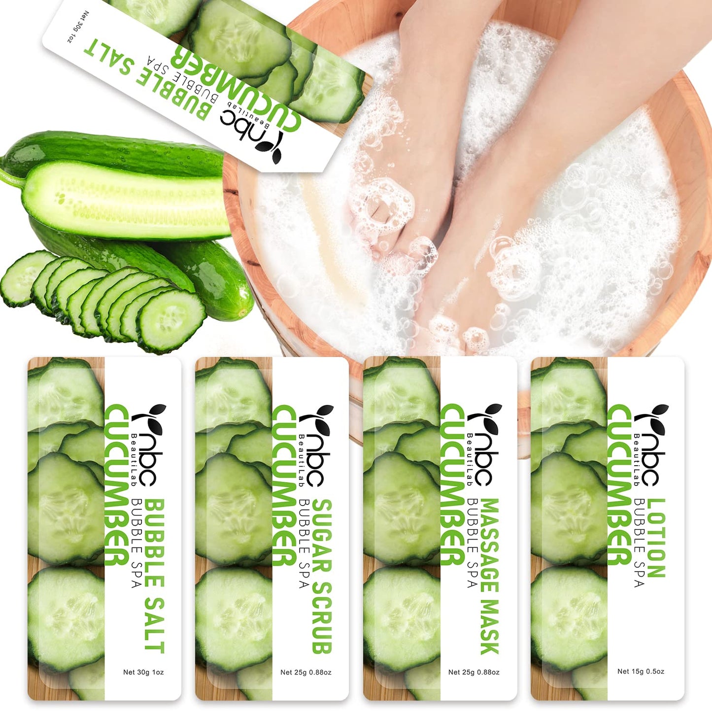 nbc BeautiLab Pedicure Kit Foot Soak Set: Bubble Salt, Sugar Scrub, Massage Mask, Massage Lotion in a Box, 4 Step Foot Spa Kit for Dry Feet,Tired Feet(1 Set Cucumber)