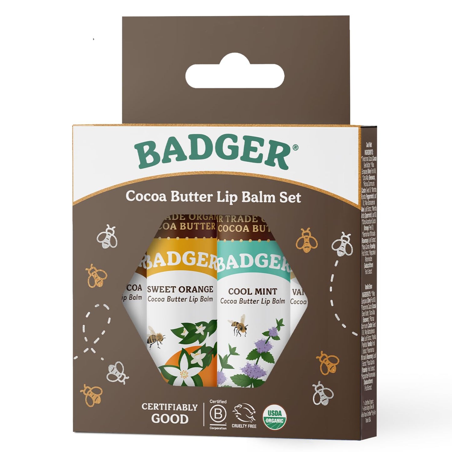 Badger Cocoa Butter Lip Balm Set, 100% Organic, Long Lasting Lip Moisturizers, Lip Care Variety Pack (Cocoa, Orange, Mint & Vanilla), All Natural Lip Balms, 4-pack