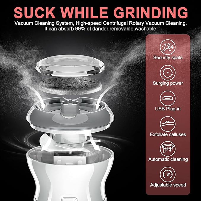 Professional Electric Feet Callus Remover,Portable Rechargeable Foot File Pedicure Tools with Vacuum Adsorption Foot Grinder 2 Speed 3 Grinding Heads, Ideal for Dead Skin/Powerful Exfoliation