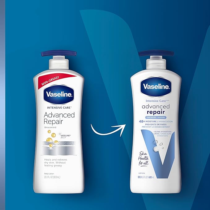 Vaseline Intensive Care Unscented Advanced Repair Body Lotion - Ultra-Hydrating with Lipids for Extremely Dry Skin, 20.3 oz, Pack of 3
