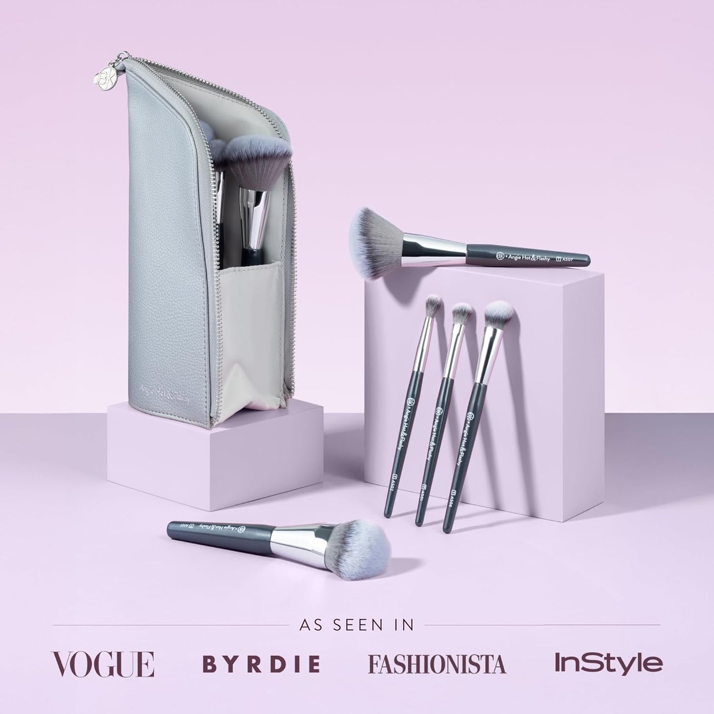 BK BEAUTY BRUSHES - ANGIE HOT & FLASHY Travel Brush Set with Pouch - Foundation Makeup Brushes - Brush for Liquid or Cream Foundations - Under-Eye Concealer | Bronzer, Blush & Highlighter Makeup Brush