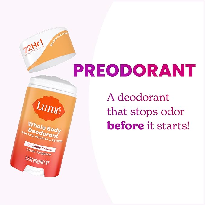Lume Whole Body Deodorant - Invisible Cream Stick - 72 Hour Odor Control - Aluminum Free, Baking Soda Free, Skin Safe - 2.2 Ounce (Pack of 2) (Clean Tangerine)