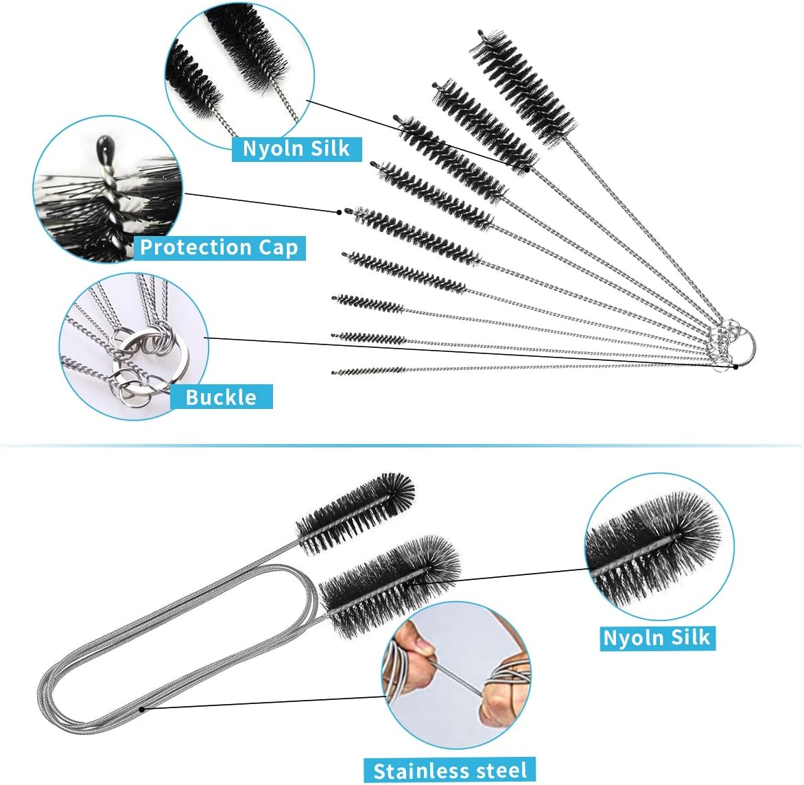 10 Pcs Flexible Drain Brush Straw Cleaner Brush Set,Pipe Cleaners Brush,61Inch Stainless Steel Double-Ended Hose Brush 8.2Inch Nylon Long CPAP Tube Cleaning Brush for Home Kitchen Sink Plumbing