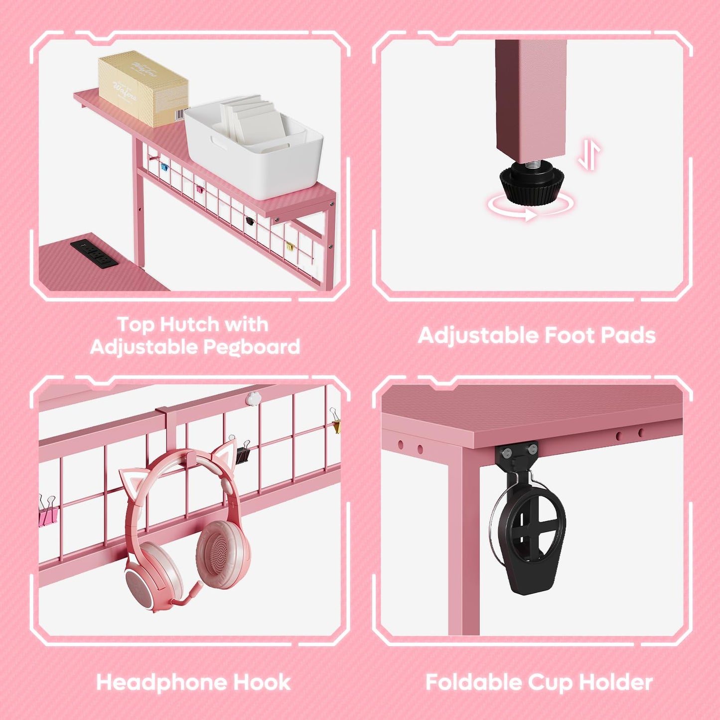 Bestier 42 L Gaming Desk,Computer Desk with Power Outlets, LED Lights, Reversible Corner Desk with 4-Tier Shelves,Cup Holder & Hook Carbon Fiber Pink