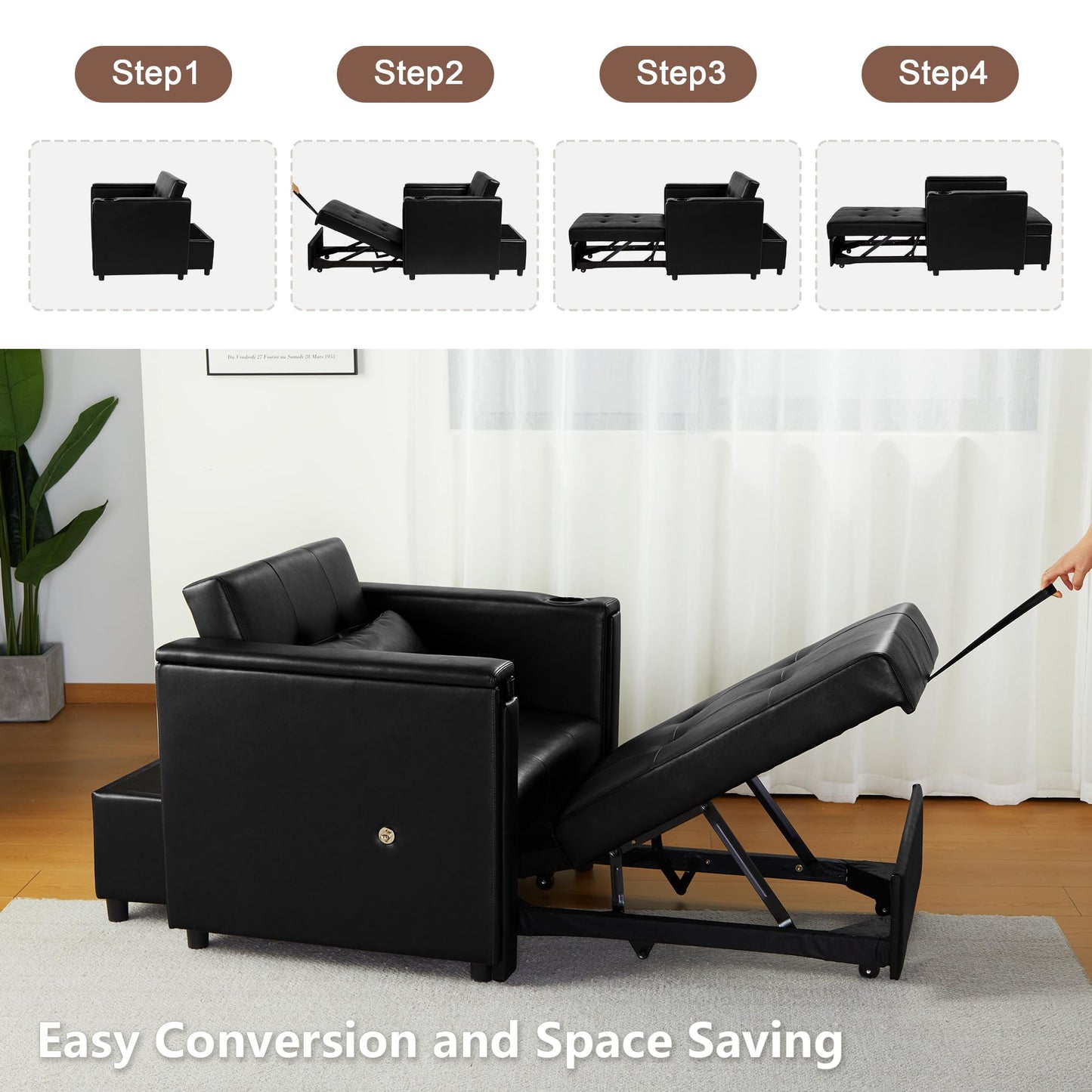 weselon Leather Convertible Chair Bed, 3 in 1 Multi-Functional Lounge Chair Sleeper, Pull Out Couch Guest Bed with Hidden Table and Adjustable Backrest for Living Room (Black)