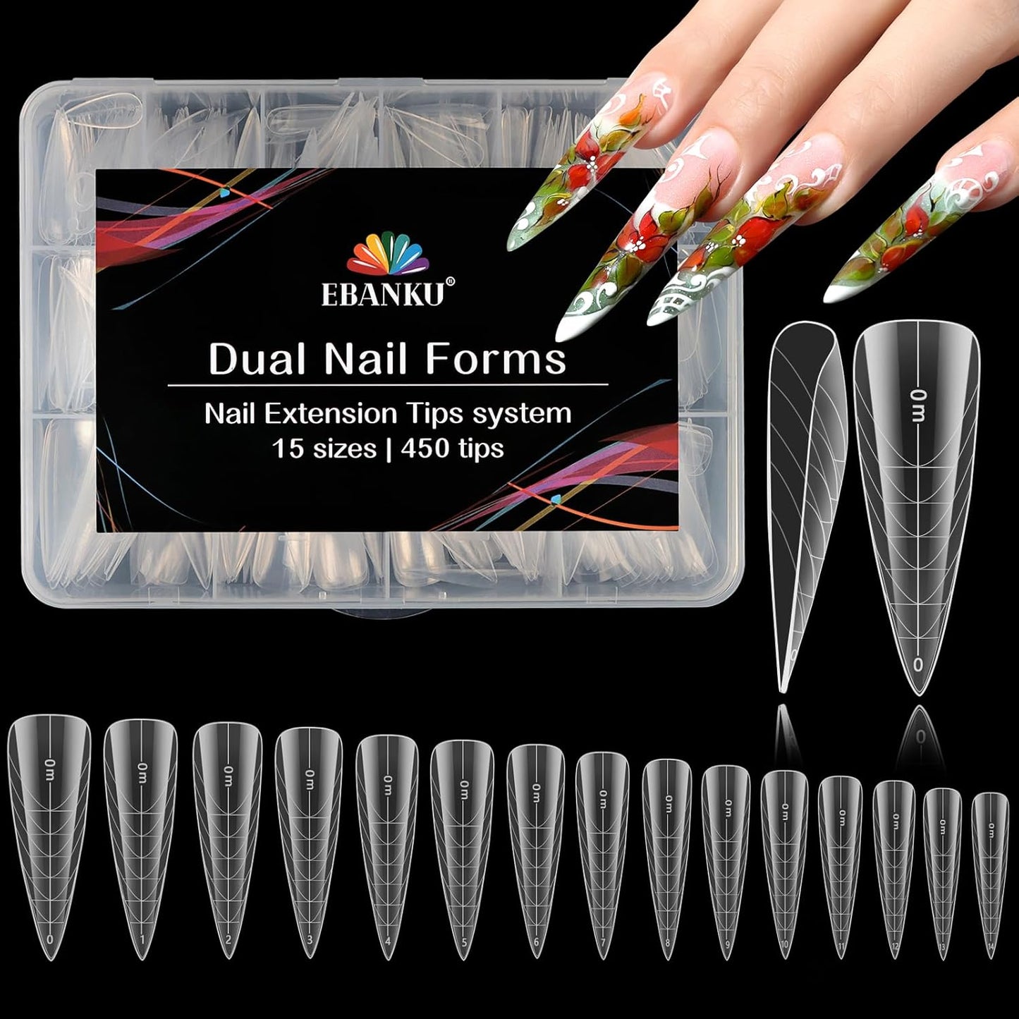 EBANKU Dual Nail Forms for Poly Extension Gel, 450 PCS Pink Nail Forms Reusable Acrylic Nail Molds Sets, 15 Sizes Nail Extension Forms for Builder Gel Manicure Nail Art Design Salon DIY