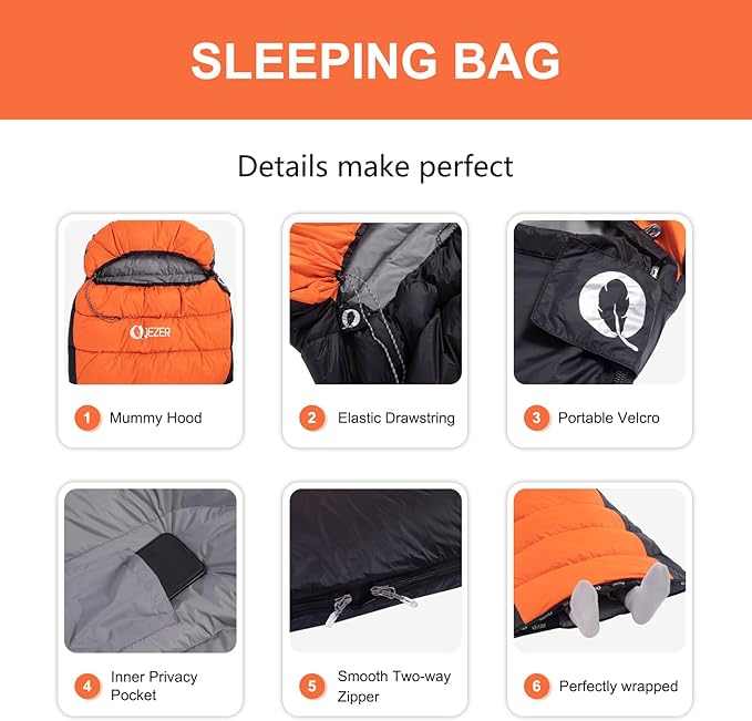 Ultralight Down Sleeping Bag for Adults - 600 Fill Power, Cold Weather, Backpacking, Camping, Hiking