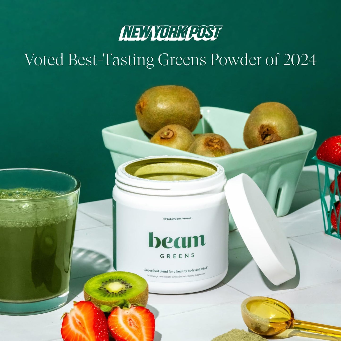 Beam Greens Powder, Superfood Supplement for Gut Health, Vegan Organic Blend with Ashwagandha, Vitamin C, B12, B6, D, Non-GMO Daily Detox & Immune Support, Strawberry Kiwi Flavor - 30 Servings
