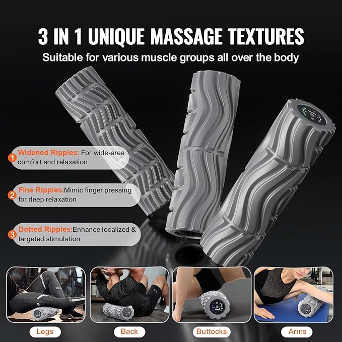 VEVOR Vibrating Foam Roller, 5-Speed Electric Massage Roller, 16" Rechargeable Muscle Roller with 3 Vibration Modes, High Density EVA Foam Massager for Deep Tissue, Back Pain Relief, Exercise Recovery