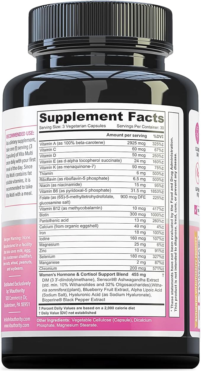 Multivitamin for Women Women’s Daily Multi-Vitamin Supplement with DIM, Iodine, Ashwagandha Supports Youthful Complexion, Healthy Cortisol and Estrogen Balance 30 Day Supply