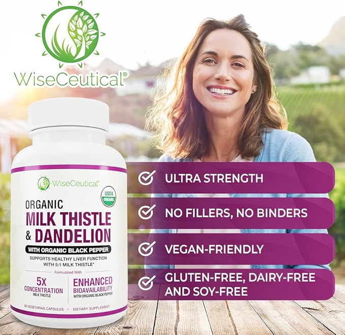 Max Absorption USDA Organic Milk Thistle Potent 5:1 Concentrated Extract (2000mg Strength) & Organic Dandelion Root | Silymarin Antioxidant Flavonoid | Liver Support Supplement (60 Count (Pack of 2))