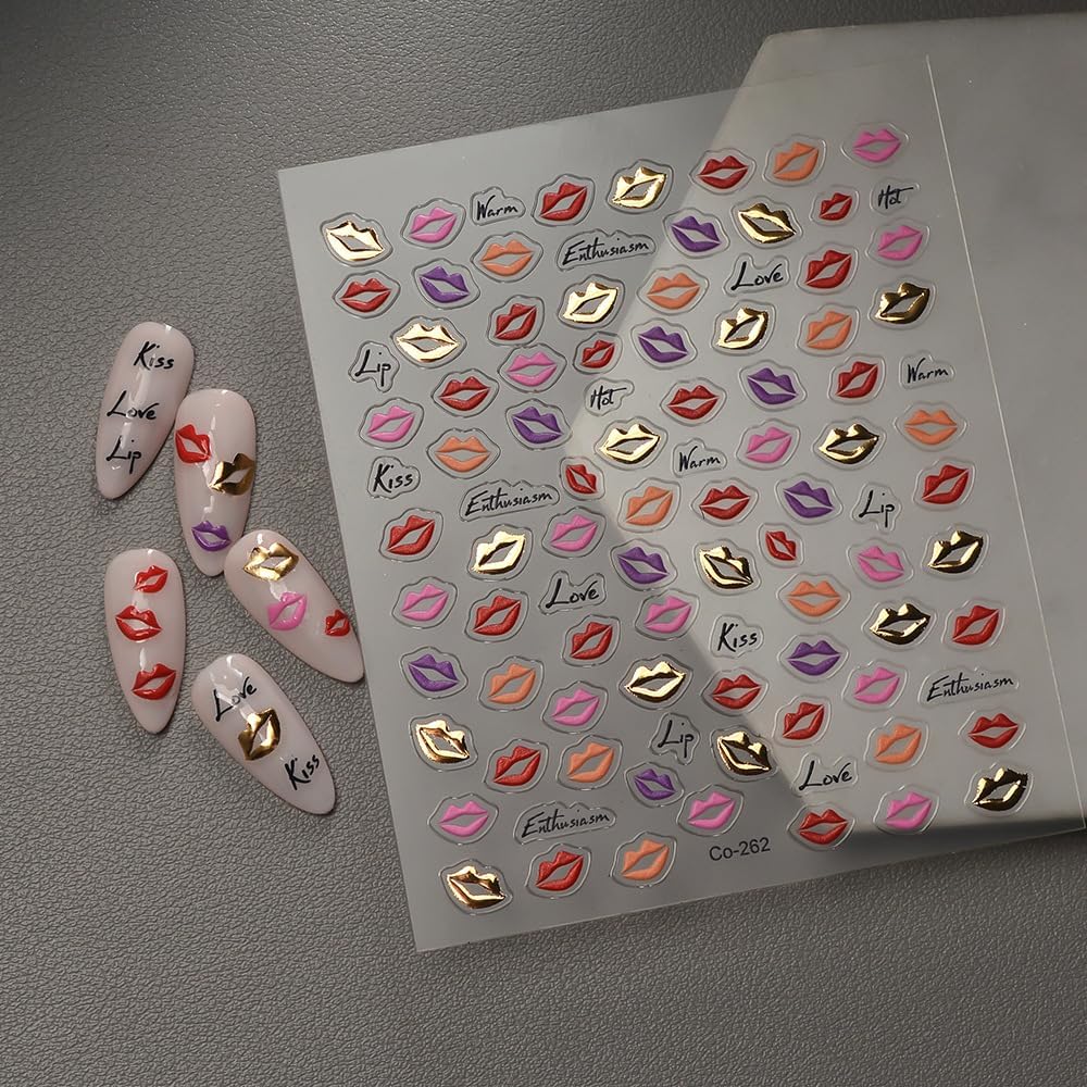 Halloween Nail Art Stickers 5D Embossed Colorful Lips Nail Stickers, Self-Adhesive Durable Nail Art Decals for Women Girls, Nail Wraps Decoration Manicure for DIY Acrylic Nail Accessories