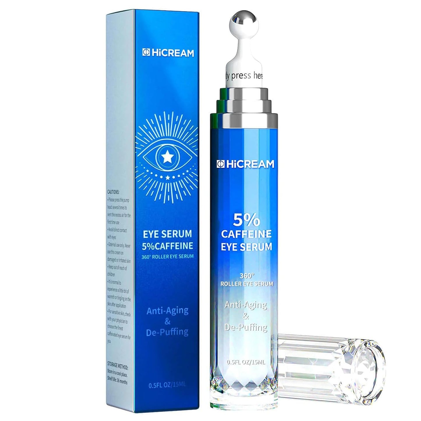 Eye Cream with 5% Caffeine Hyaluronic Acid for Puffy, Fine Lines, Dark Circles and Wrinkles, Under Eye Serum with 360° Roller Massage Ball, Eyelids Skin Care for Women & Men, 0.5 fl. oz