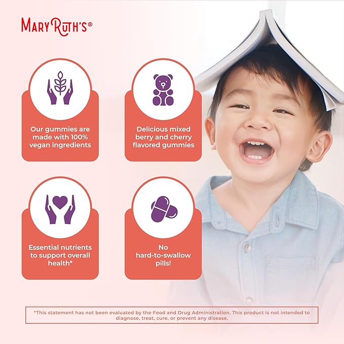 MaryRuth Organics Vitamin Gummy | Kids and Toddlers Age 2+ | USDA | Daily Vitamin C | D3 | Zinc | Mixed Berry and Cherry | 2 Month Supply