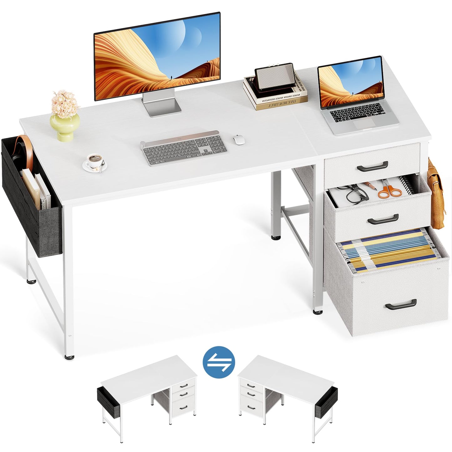 Casaottima 40" Small Computer Home Office Desk for Bedroom with Fabric Drawers & File Cabinet, Cloth Storage Bag and Hook, Writing Study Work Table for Small Space, White