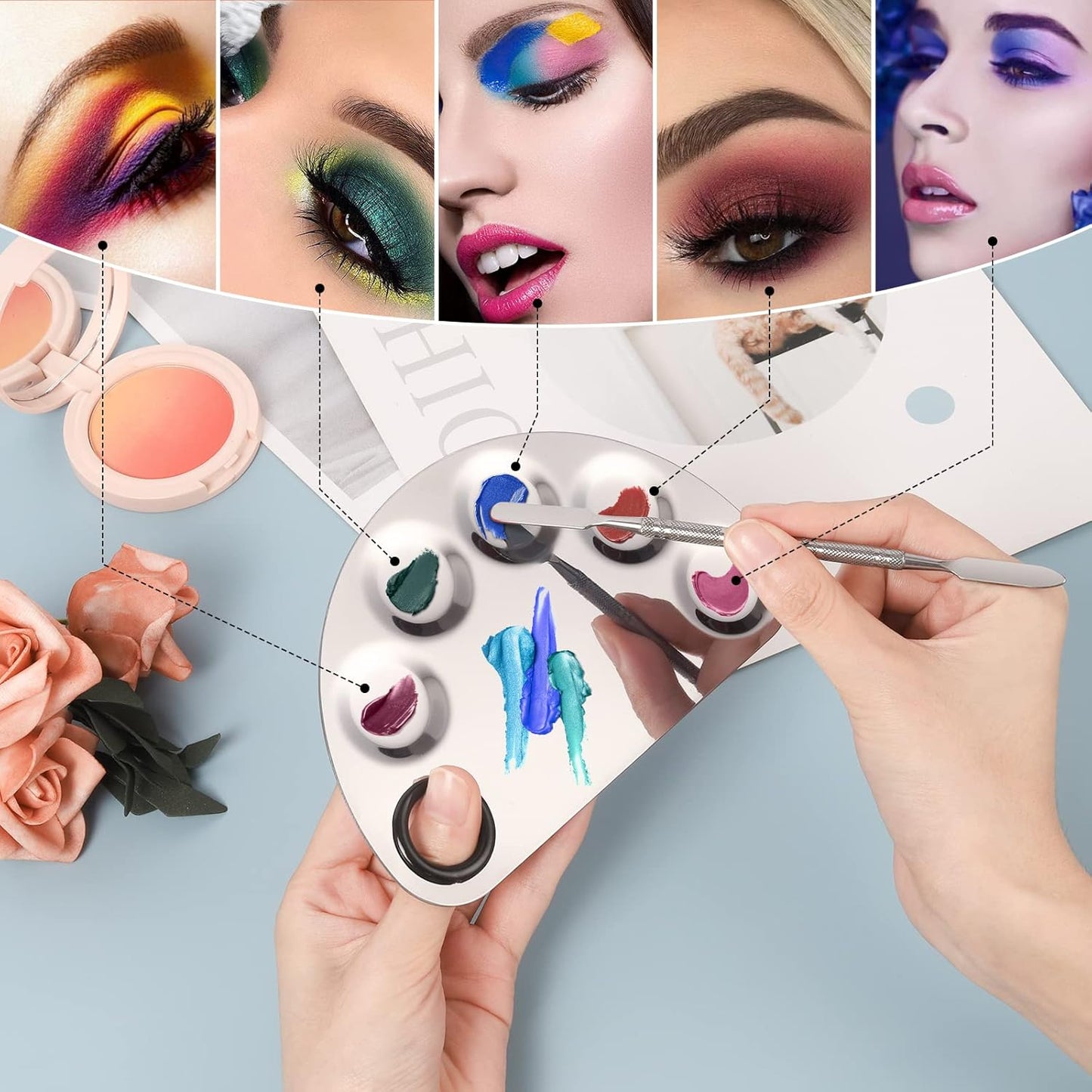 Makeup Mixing Palette, Premium Stainless Steel Cosmetic Makeup Palette with Spatula Tool, Nail-art Cosmetic Palette for Mixing Cosmetic/Nail Polish/Pigment (Semicircle)