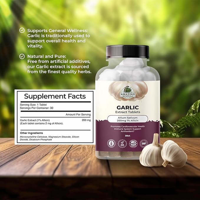 Garlic Extract Tablets - Allium Sativum 200mg, 1% Allicin - High Potency Herbal Supplement for Wellness and Vitality - 30 Count