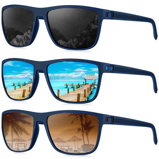 KALIYADI Polarized Sunglasses Men, Lightweight Mens Sunglasses Polarized UV Protection Driving Fishing Golf (Frame Blue|Lens Black/Ice Blue/Gradual Brown)