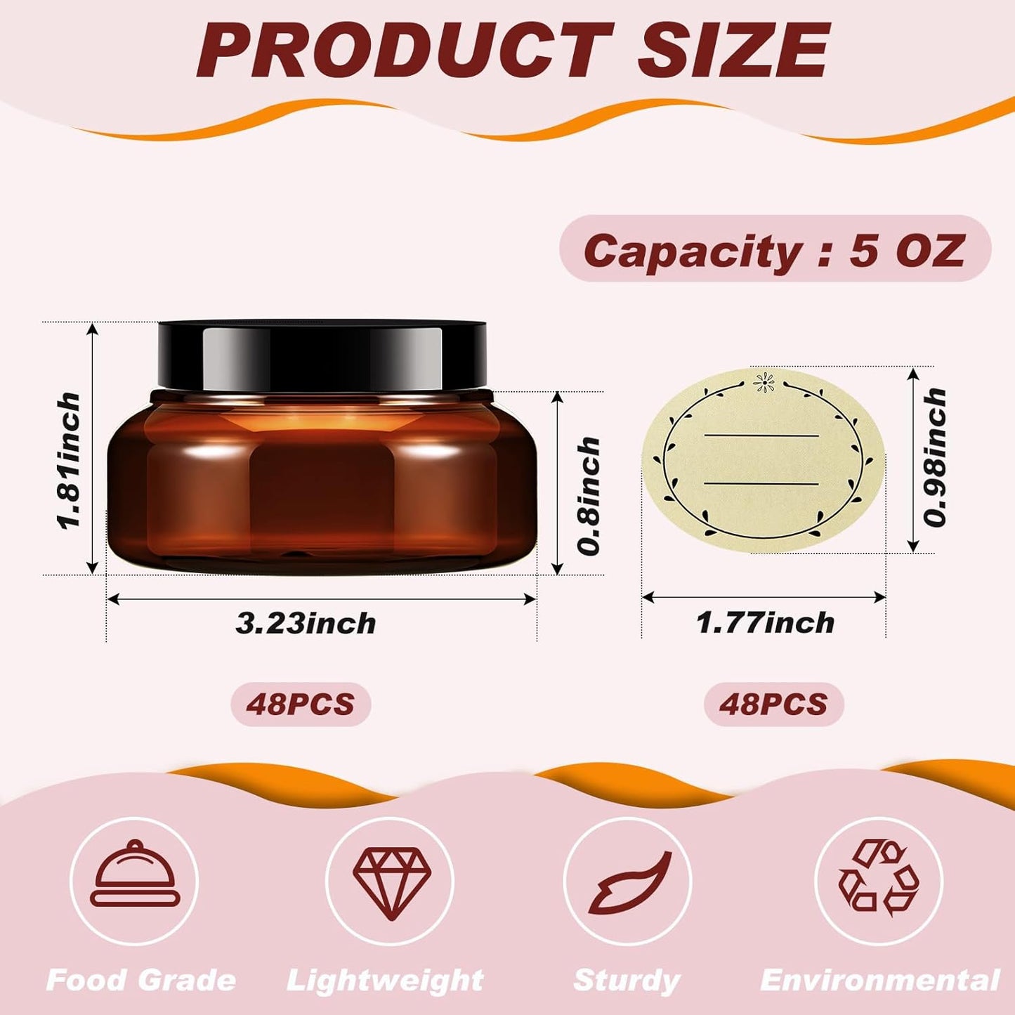 Tessco 48 Pcs Plastic Jars with Lids and Labels Body Scrub Jars Round Refillable Cosmetic Containers Empty Butter Travel Containers for Sugar Scrub Lotions Cosmetics Cream(5 oz,Brown)
