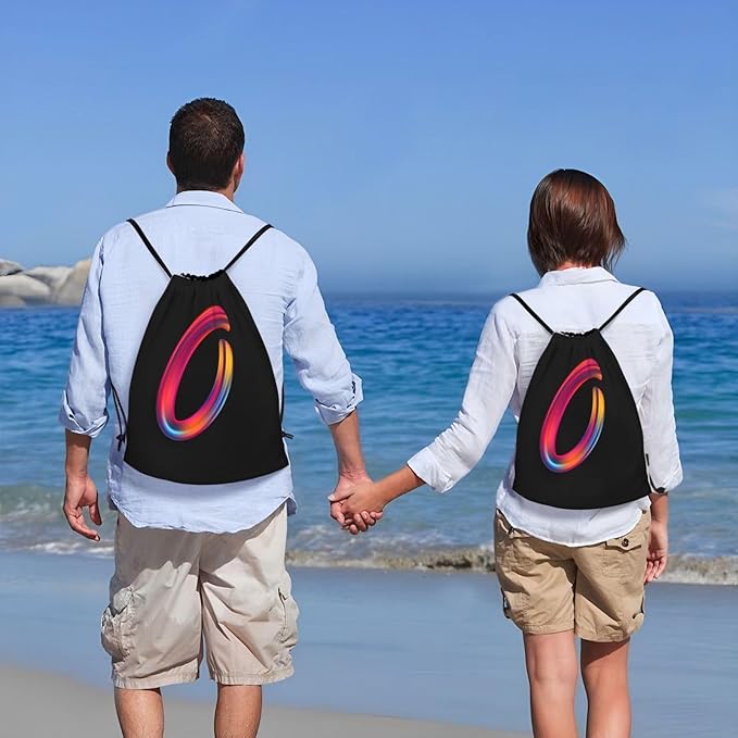 Drawstring Bags Initial Drawstring Backpack Sackpack Black Draw String Cinch Bags for Sports, Gym, Travel, Swimming, Beach, Camping, Rainbow Letter O