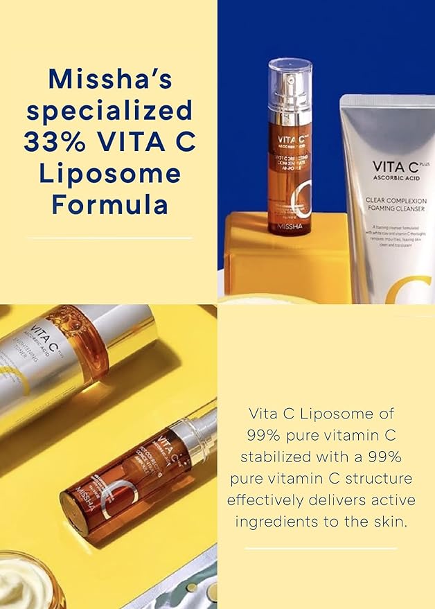 MISSHA Vita C Plus Spot Correcting Concentrate Ampoule 0.52 Fl oz/15ml, Korean Vitamin C Serum for Face, Improves Dark Spots & Firms Skin with 33% VITA C Liposome Formula