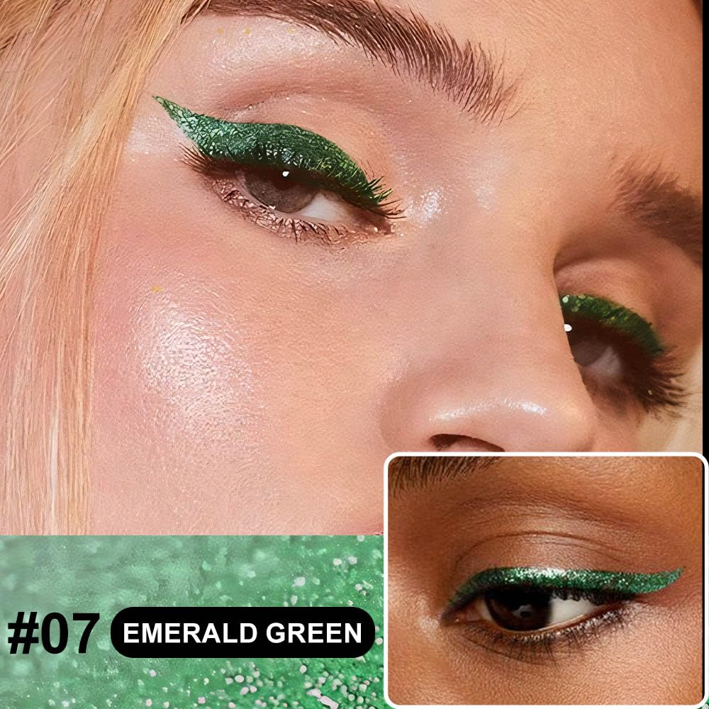 evpct 2Pcs Green & Royal Blue Glitter Shimmer Liquid Eyeliner Eye Shadow Makeup Pencil Set, Green Blue Face Body Glitter Makeup Fake Eyelashes Mascara, Sparkle Metallic Colored Eyeliner Waterproof