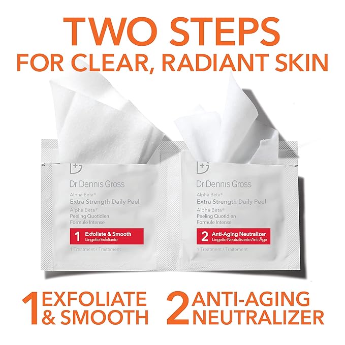 Dr. Dennis Gross Alpha Beta Extra Strength Daily Peel – 2-Step Exfoliating Pads for Enhanced Anti-Aging, Smoother Skin, and Radiant Complexion, 60 Treatments