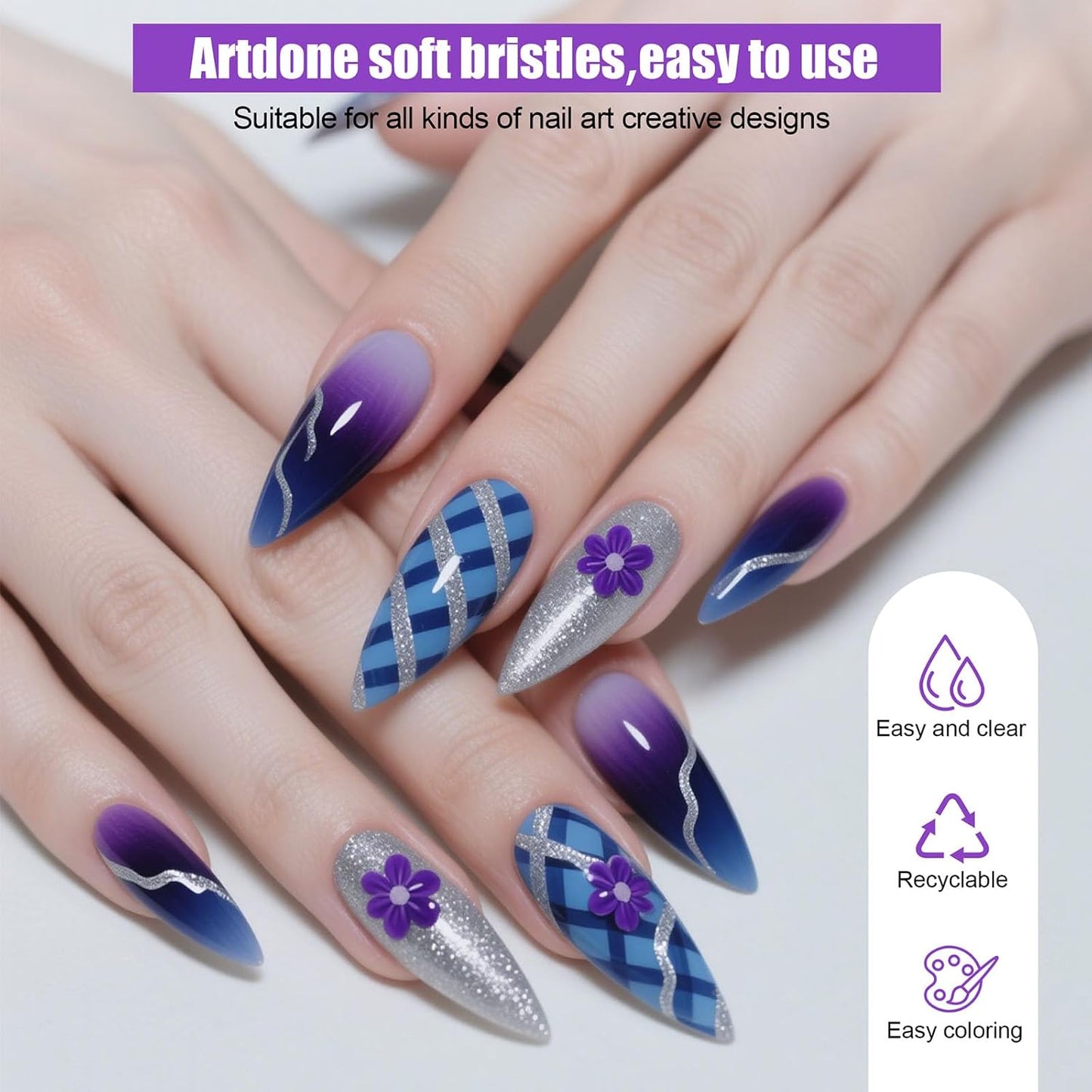 Artdone 10pcs Nail Art Brushes Set, Dotting Tools,Striping Brushes for Long Lines, Thin Details, Sculpting Pattern Tracing Stylus, Ball Embossing Stylu,Fine Drawing Pen For Gel Polish Design Supply