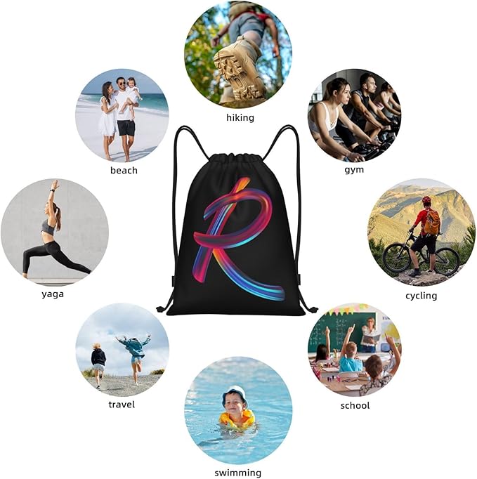 Drawstring Bags Initial Drawstring Backpack Sackpack Black Draw String Cinch Bags for Sports, Gym, Travel, Swimming, Beach, Camping, Rainbow Letter R