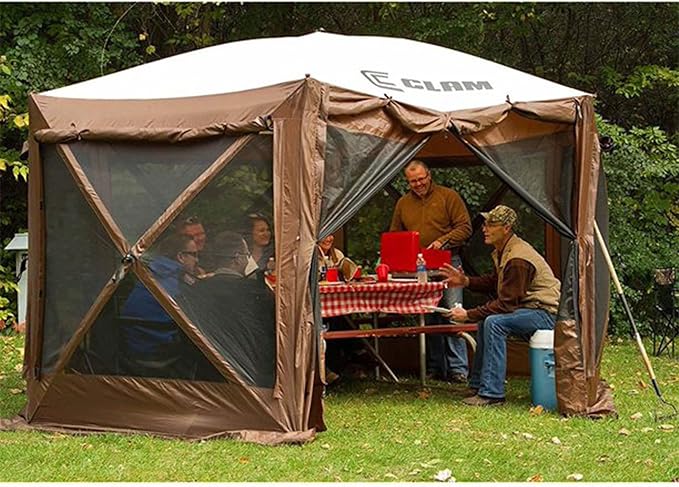 CLAM Pop Up Screen Tent, Outdoor Camping Gazebo Canopy, Pavilion, 12.5', Brown - Heavy-Duty Portable Screened Shelter with Netting for Beach, Patio, and Backyard