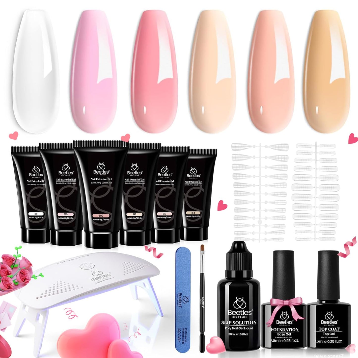 Beetles Nude Pink Poly Nail Extension Gel Kit, 6 Colors Sheer Pink Brown Jelly Extension Nail Extension Gel Set Soak Off UV Gel Base & Top Coat for All In One Kit Builder Nail Gel Gift for Women