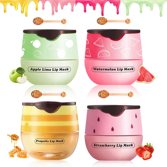 4 PCS Bee Lip Balm Honey Pot, Honey Strawberry Watermelon Apple Sleeping Lip Mask Overnight with Sticks, Exfoliating Prevention Dry and Crack Lip Scrubs