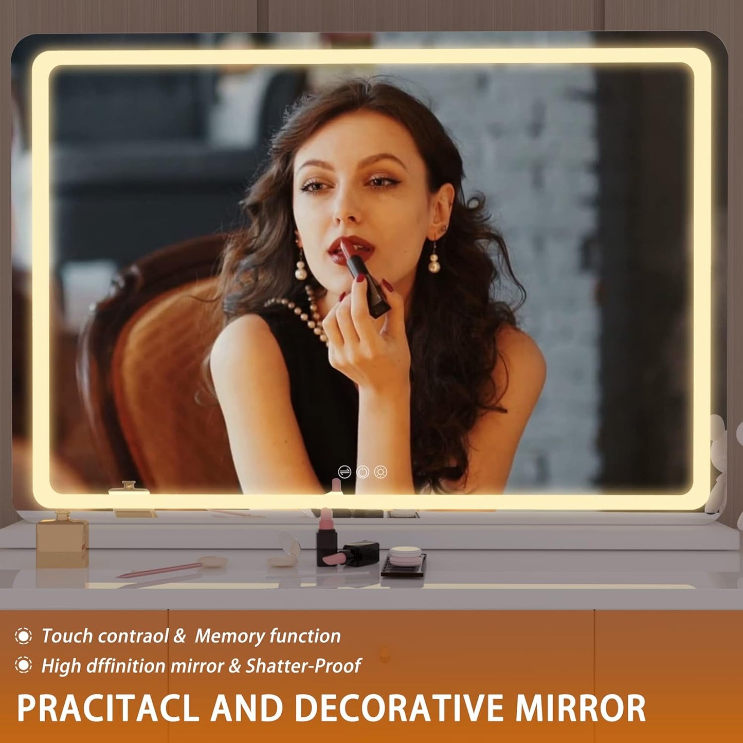 Hasipu Vanity Mirror with Lights, 31.5" x 22" LED Makeup Mirror, Lighted Makeup Mirror with Dimmable 3 Modes, Touch Screen Control Vanity Mirror Round White