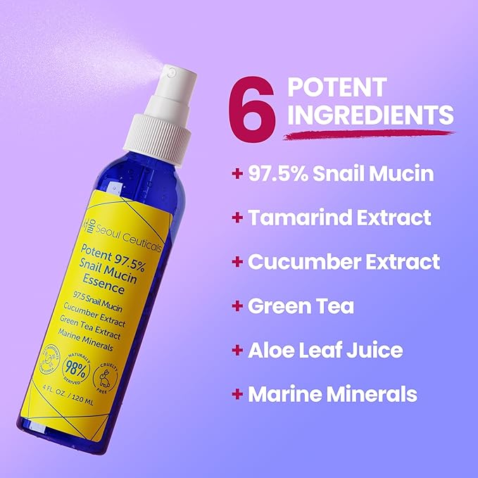 SeoulCeuticals Korean Face Mist 97.5% Snail Mucin Essence - K Beauty Skincare Facial Spray - Cucumber Extract + Marine Minerals + Green Tea + Aloe 4oz