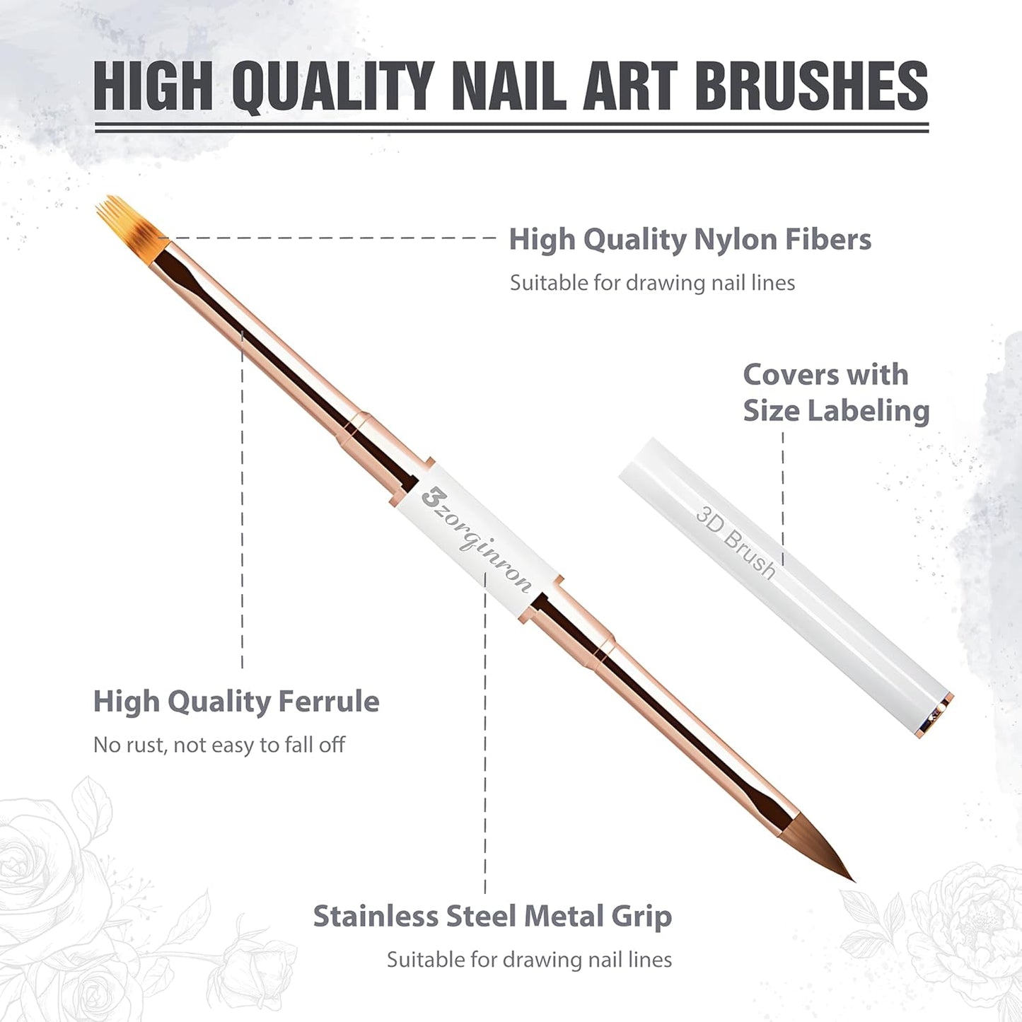 Nail Art Bushes Set, Professional 5Pcs Double-Ended Nail Brush Kit for Details, Long Lines, Ombre & 3D Design-Perfect for DIY Manicures & Salons (White)