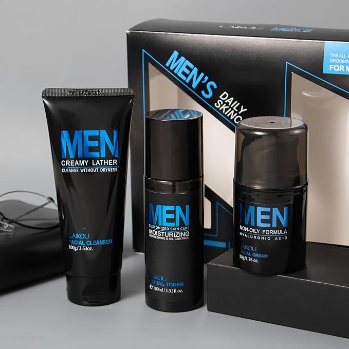 LAIKOU Men's Skin Care Set, Gifts for Men, Skincare Gift Set, Men Skincare with Facial Cream, Facial Cleanser, Facial Toner Father's Day Christmas Birthday Valentines for Him Dad Son Husband Boyfriend