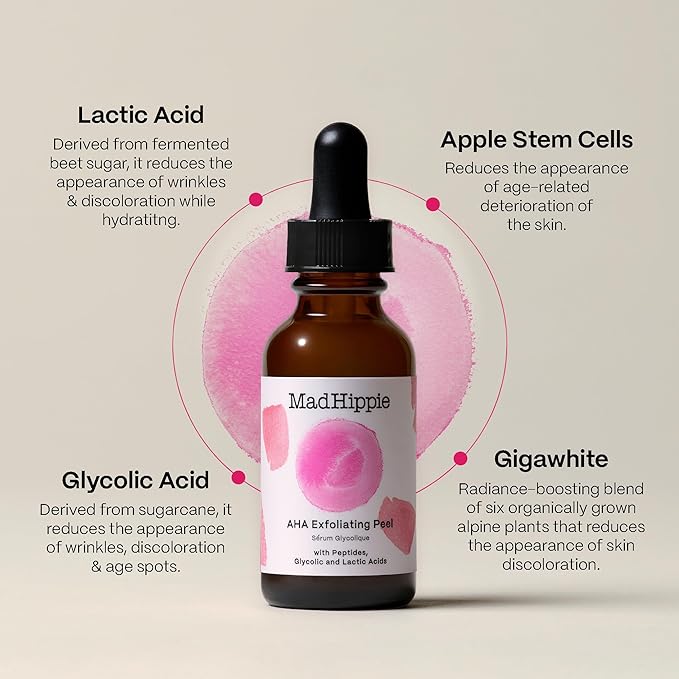 Mad Hippie AHA Exfoliating Peel – Lactic & Glycolic Acid Peel, Goji Berry, Peptides, Hyaluronic Acid & Niacinamide, Discoloration Correcting Serum, Anti-Aging, 1.02 Oz