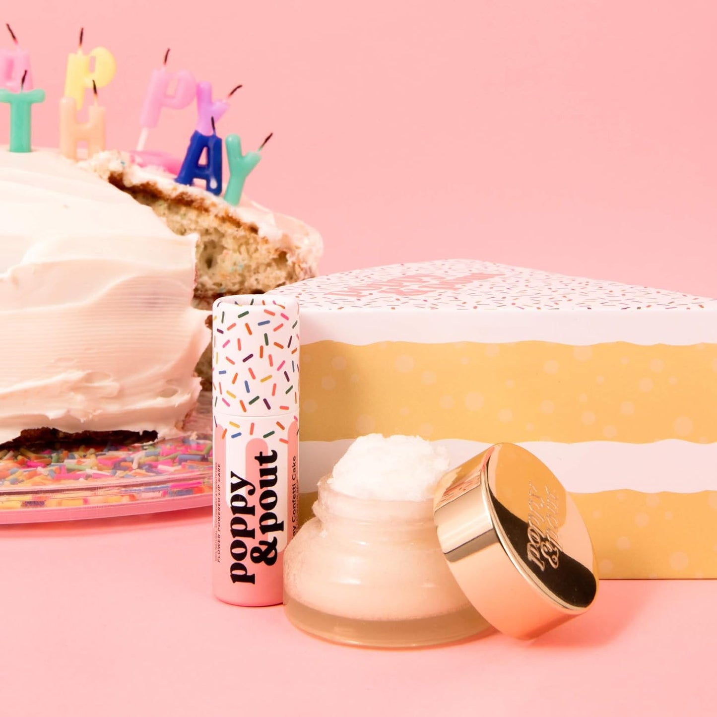 Poppy & Pout Lip Care Set | Lip Balm & Scrub | Sustainable Cardboard Tubes & Glass Jars, All Natural, Beeswax, Coconut Oil, Cruelty Free, Exfoliating & Moisturizing Lip Treatment (Birthday Cake)