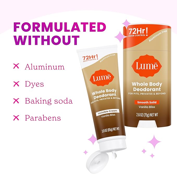 Lume Whole Body Deodorant - Invisible Cream Tube and Solid Stick - 72 Hour Odor Control - Aluminum Free, Baking Soda Free, Skin Loving - 3.0 Ounce Tube and 2.6 Ounce Solid Stick Bundle (Vanilla Bliss)