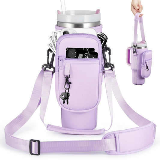 BULKITEM 30oz Water Bottle Carrier Bag with Phone Pocket for Purple Stanley 30 oz Tumbler with Handle, Purple Insulated Neoprene Cup Holder Pouch Strap for Orchid Stanley Cup Accessories