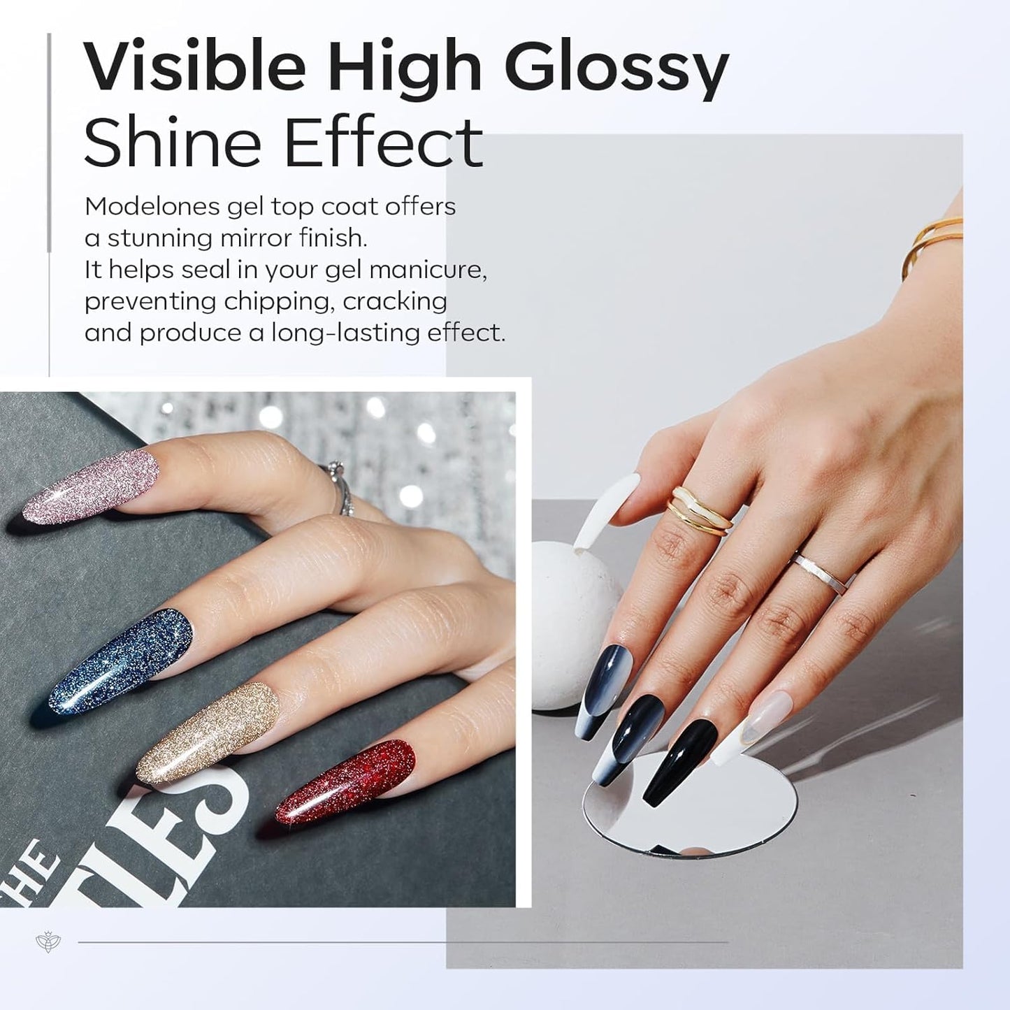 modelones Gel Top Coat, 2Pcs Clear Glossy Finish No Wipe Top Coat Summer Gel Nail Polish, Acrylic Nails Soak Off Nail Lamp Nail Art Home and Professional Manicure 10ML