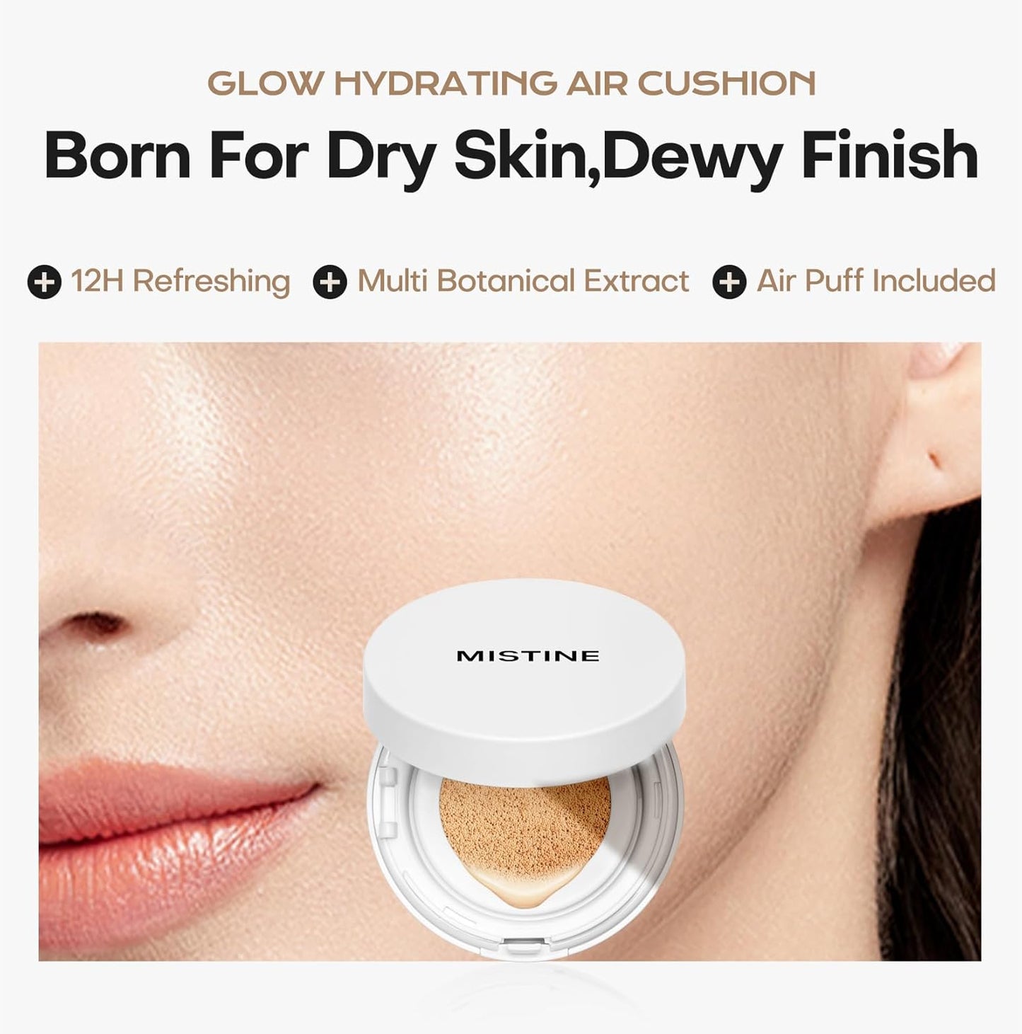 Mistine Tavel Size Air Cushion Foundation Glow Hydrating Finish Medium Coverage Foundation Makeup for Dry Skin,24H Hydrating Long-Lasting Waterproof Smudge Proof, Ivory