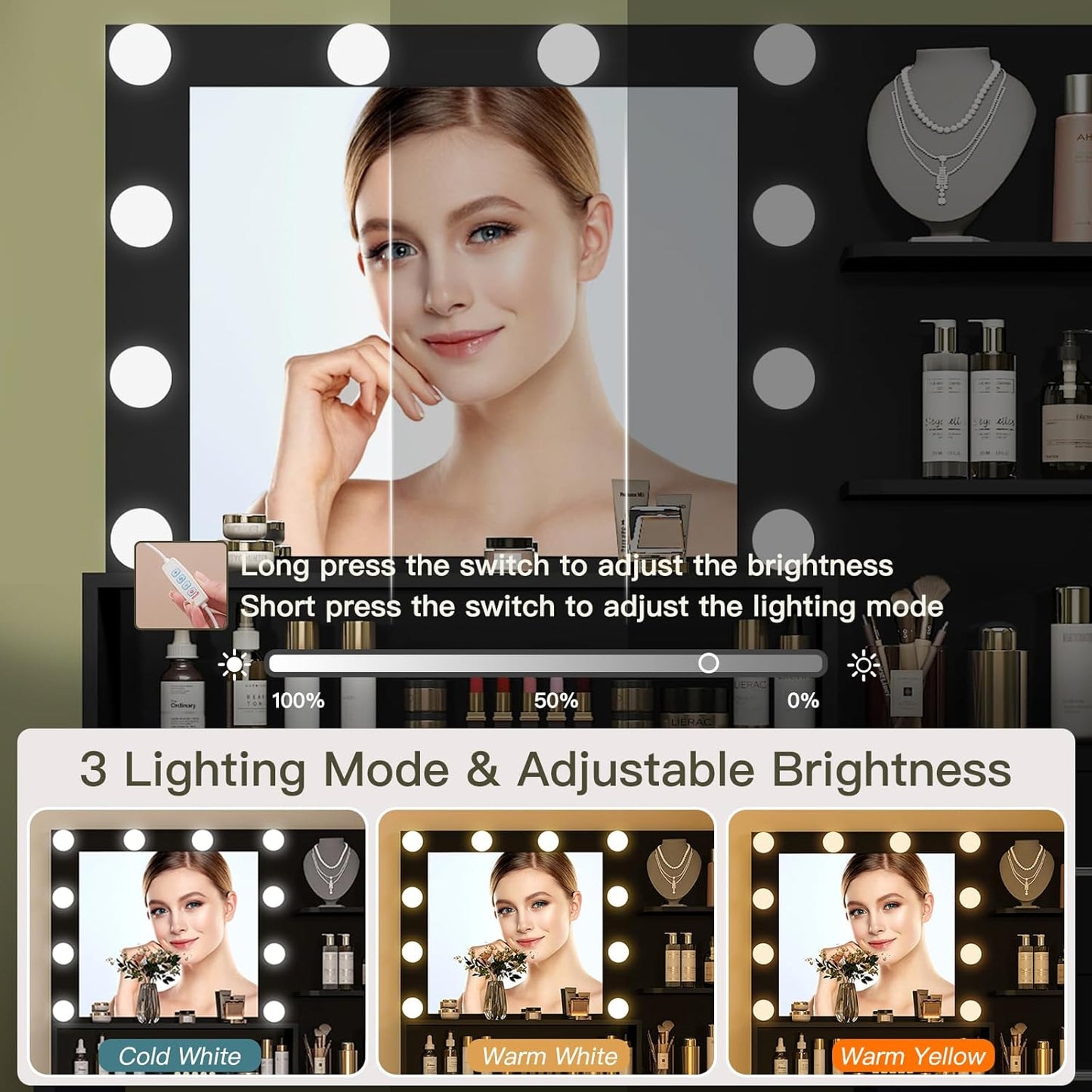Quimoo Makeup Vanity Desk with Mirror & Lights, Vanity Desk with 5 Drawers & Storage Shelves, Vanity Table, 3 Color Modes & Adjustable Brightness Dressing Table, Bedroom, Black