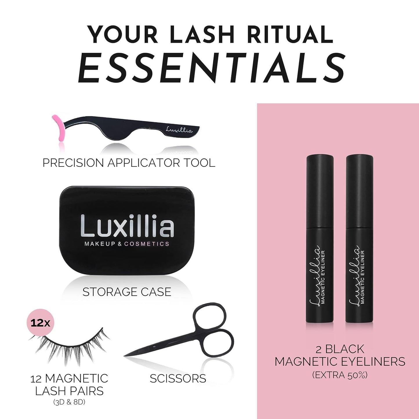 Luxillia Magnetic Eyelashes Kit – 16 Piece Magnetic Eyelash & Eyeliner Set with Applicator – Natural Look Easy Apply Reusable Fake Extension Lashes, No Glue – Pestañas Postizas Magnéticas Naturales