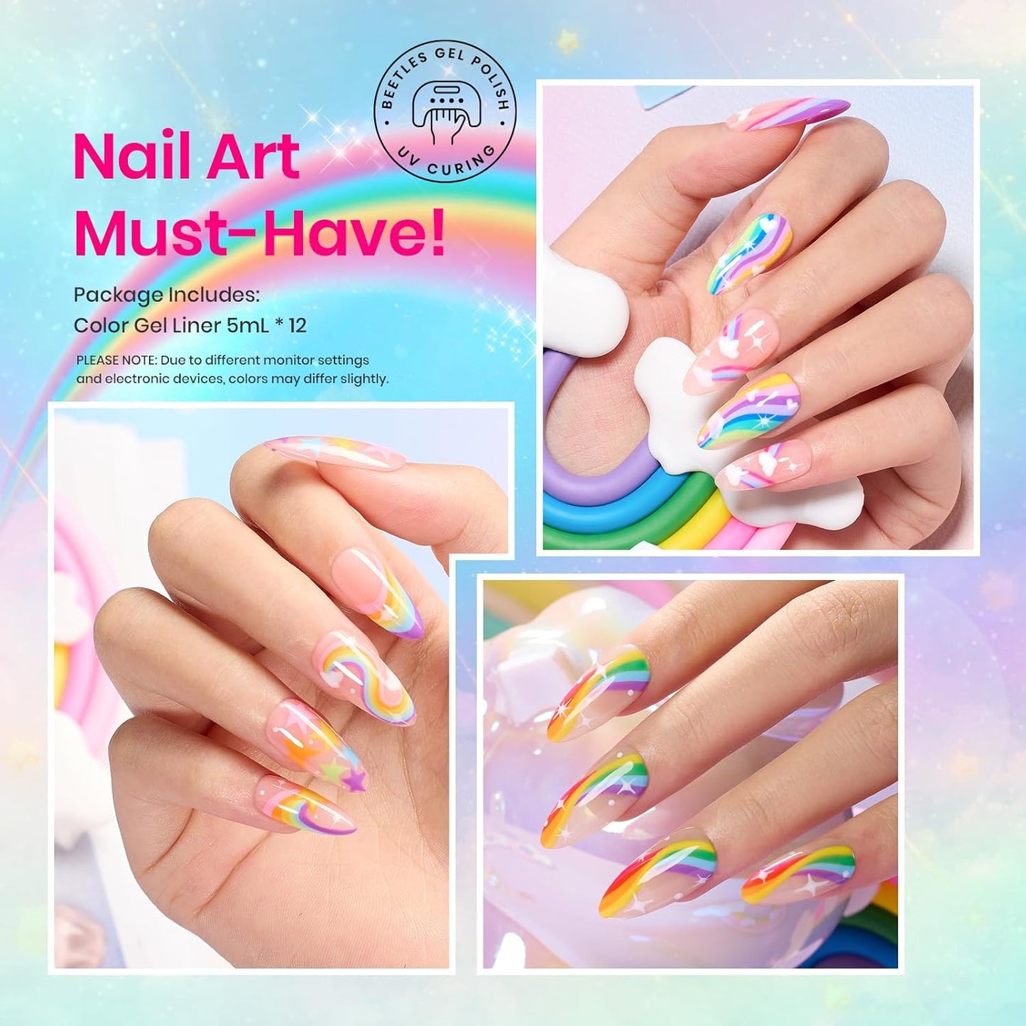 Beetles Summer Rainbow Nail Art Gel Liner Set, 12 Colors Neon Gel Nails Polish Pink Orange Blue Yellow Swirl Nails Built Thin Nail Art Brush in Bottle Soak Off Uv Lamp Manicure Salon Gifts for Women