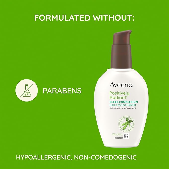 Aveeno Positively Radiant Clear Complexion Face Moisturizer, Acne Facial Moisturizer with Soy and Salicylic Acid for Oily Skin, Hypoallergenic Formula, Paraben-Free, Non-Comedogenic, Pump, 4 FL OZ