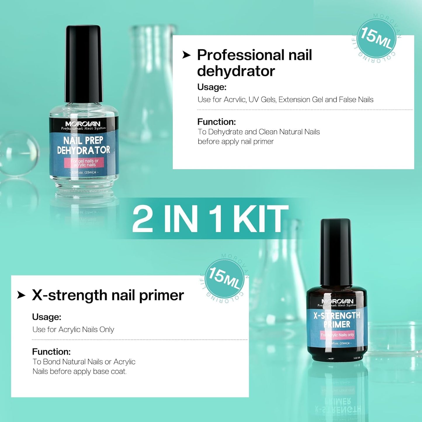 Morovan Nail Prep Dehydrate and Primer X-strength, No Burn Non Acid Nail Primer and Dehydrator for Acrylic Powder Fast Dry 0.5oz